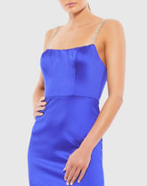 Blue Rhinestone Strap Satin Mini Dress